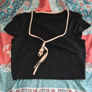 3/$10 Black Sailor Collar Crop Top with Tie Front